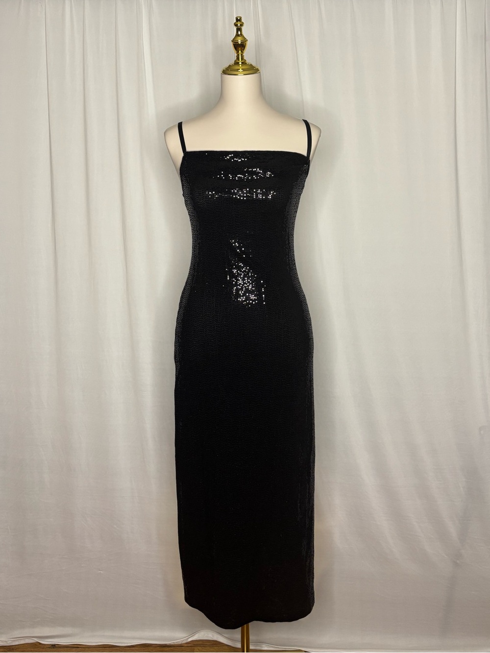 bebe Black Sequin Midi Slip Dress with Spaghetti Straps